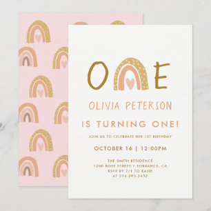 Pink Neutral Rainbow 1st Birthday Invitation Cards