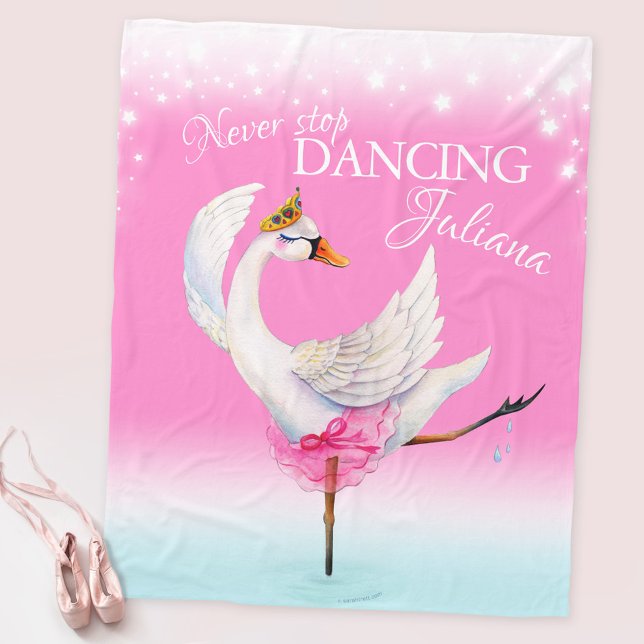 Pink never stop dancing ballerina swan custom name fleece blanket (Creator Uploaded)