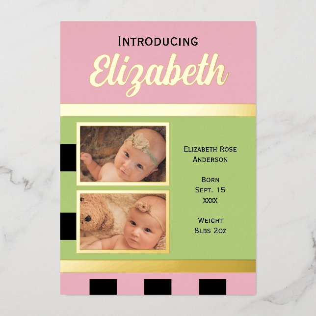 Pink new baby announcement gold foil flat card (Front)