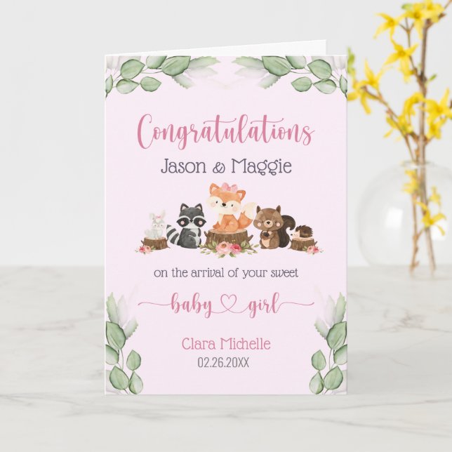 Pink New Baby Girl Personalised Congratulations  Card (Yellow Flower)