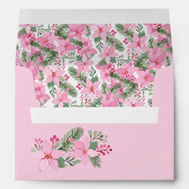 Pink New Baby Photo Christmas Card Girl Poinsettia Envelope (Back (Bottom))