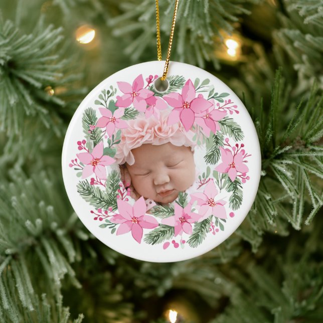 Pink New Baby Photo Christmas Girl Poinsettia Ceramic Tree Decoration (Tree)