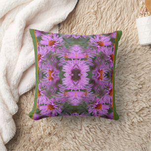 Pink New England Aster Flowers Abstract Cushion