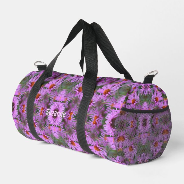 Pink New England Aster Flowers Personalised Duffle Bag (Right Corner)