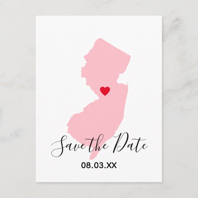 Pink New Jersey Red Heart Save the Date Announcement Postcard (Front)