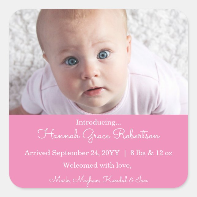 Pink Newborn Baby Photo Birth Announcement Square Sticker (Front)