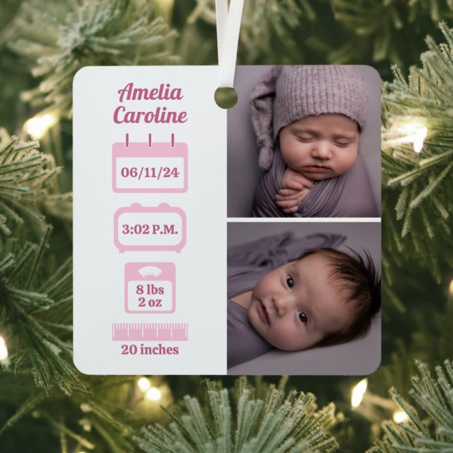 Pink Newborn Birth Stats  Metal Tree Decoration (Insitu)