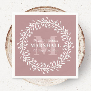 Pink Newlywed Couple Wreath Monogram Name Napkin
