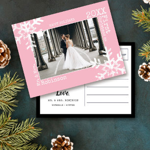 Pink Newlyweds 1st Christmas Photo Snowflakes Holiday Postcard