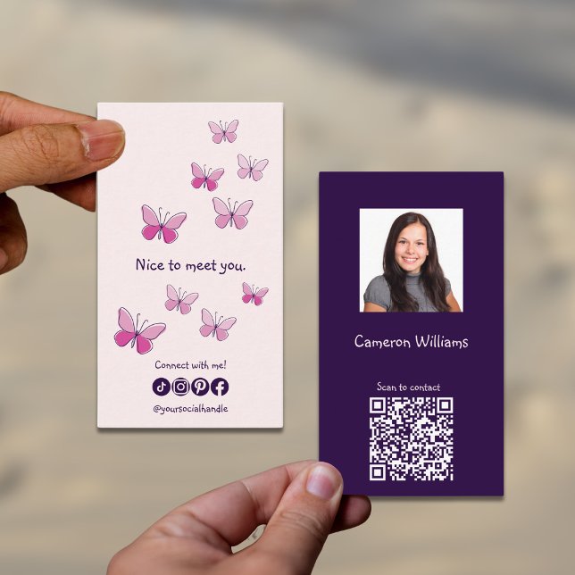 Pink Nice To Meet You QR Code Social Butterfly Business Card (Pink Nice To Meet You QR Code Social Butterfly Business Card)