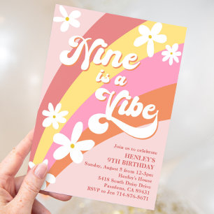 Pink Nine Is a Vibe Retro Daisy Rainbow Birthday Invitation