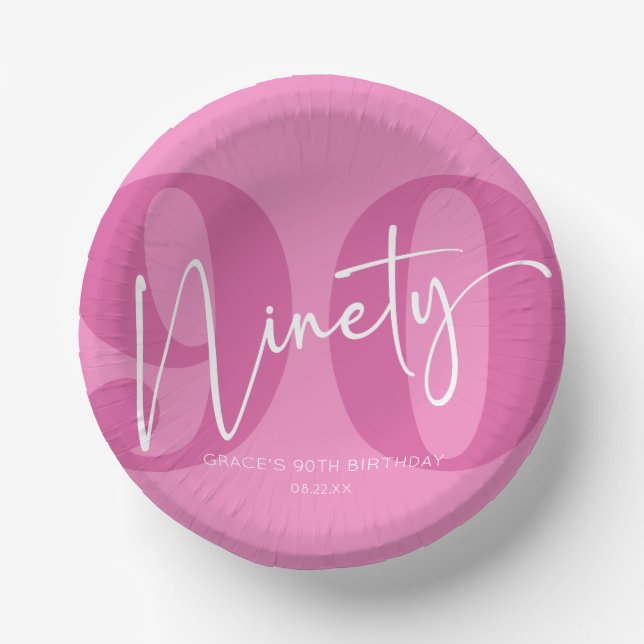 Pink Ninety 90th Ninetieth Birthday Party Paper Plate (Front)
