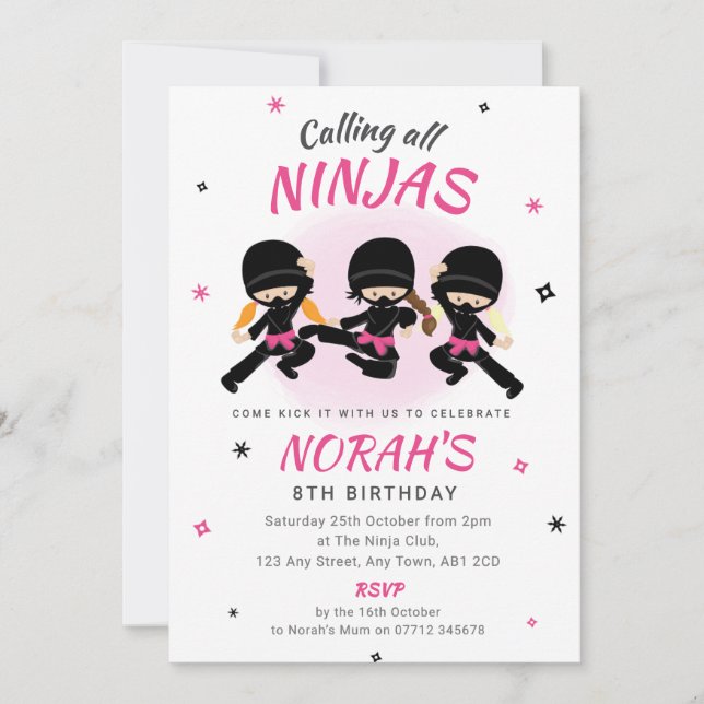 Pink Ninja Birthday Invitation Girls Karate Party (Front)