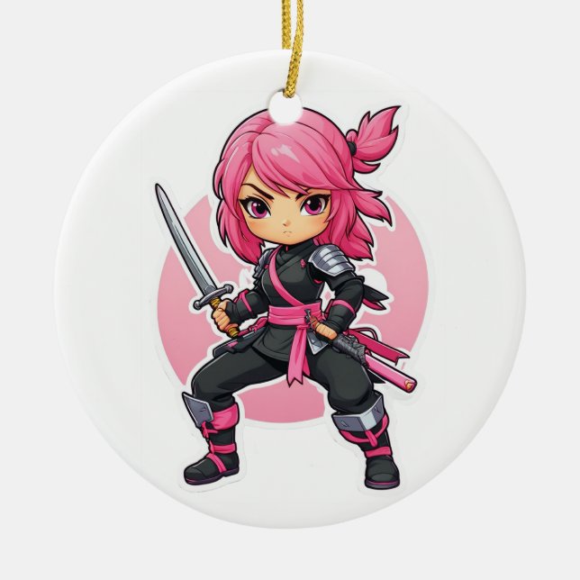 Pink Ninja Girl Ceramic Tree Decoration (Front)