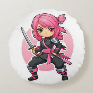 Pink Ninja Girl Round Cushion