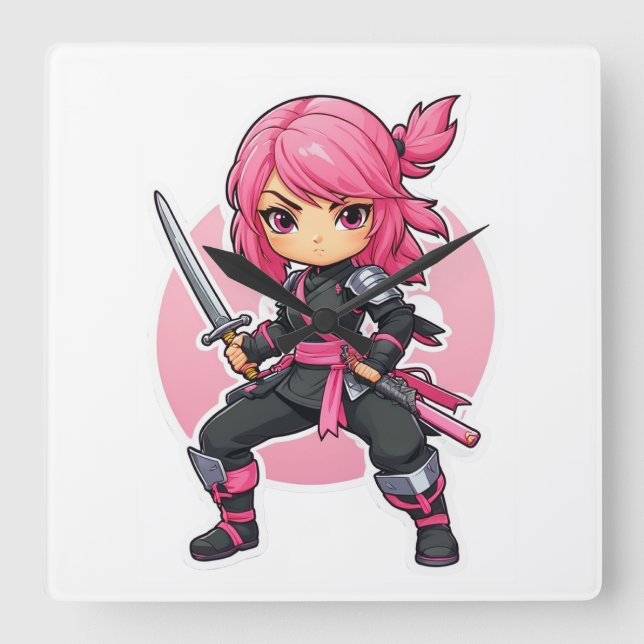 Pink Ninja Girl Square Wall Clock (Front)