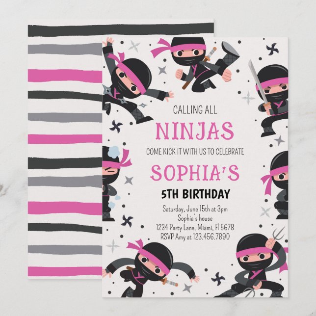 Pink Ninja Warrior Martial Arts Birthday Invitation (Front/Back)