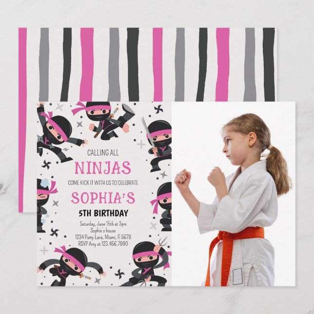 Pink Ninja Warrior Martial Arts Birthday Photo Invitation (Front/Back)