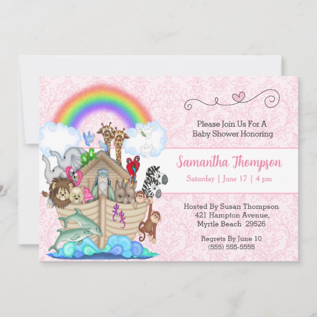 Pink Noah's Ark Baby Shower Invitation (Front)