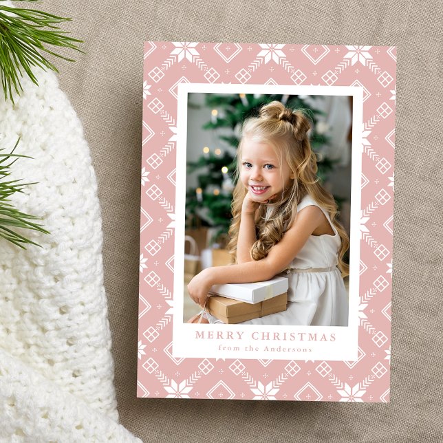 Pink Nordic Snowflake Pattern Photo Holiday Card (Creator Uploaded)
