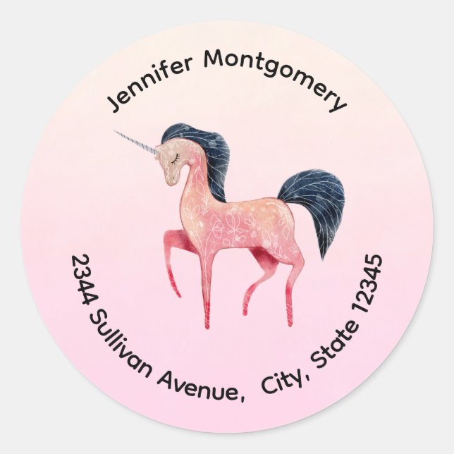 Pink Nordic Unicorn with Black Mane Address Classic Round Sticker (Front)