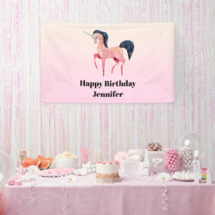 Pink Nordic Unicorn with Black Mane Birthday Banner
