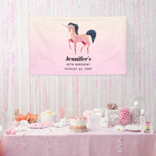 Pink Nordic Unicorn with Black Mane Birthday Banner
