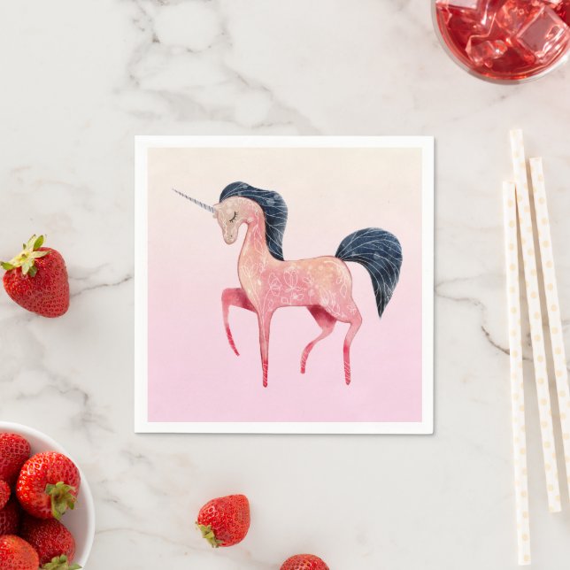 Pink Nordic Unicorn with Black Mane Birthday Napkin (Insitu)