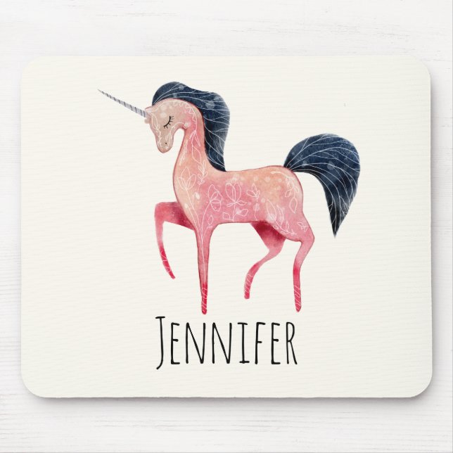 Pink Nordic Unicorn with Black Mane Mouse Mat (Front)