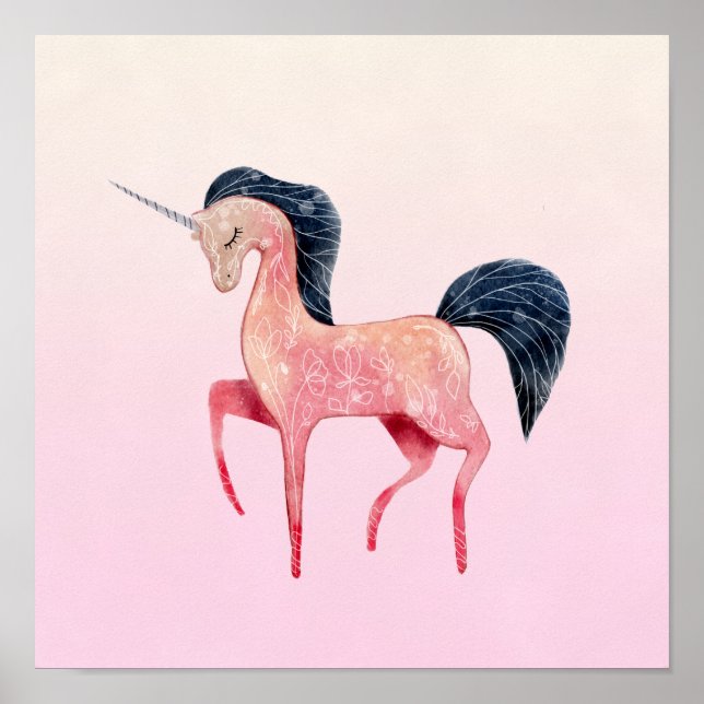 Pink Nordic Unicorn with Black Mane Poster (Front)