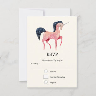 Pink Nordic Unicorn with Black Mane RSVP Card