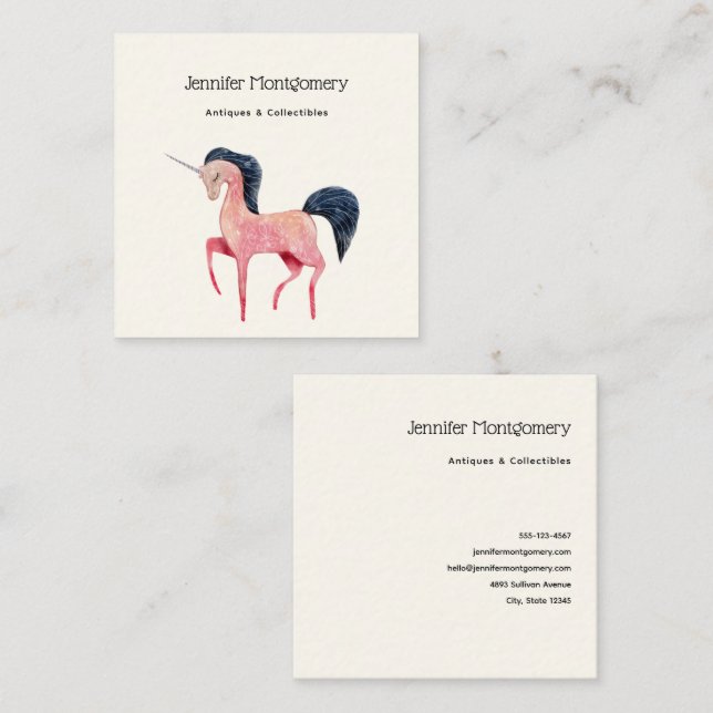 Pink Nordic Unicorn with Black Mane Square Business Card (Front/Back)