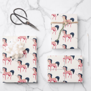Pink Nordic Unicorn with Black Mane Wrapping Paper Sheet