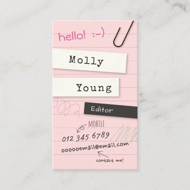 Pink Notebook Page Business Card (Front)