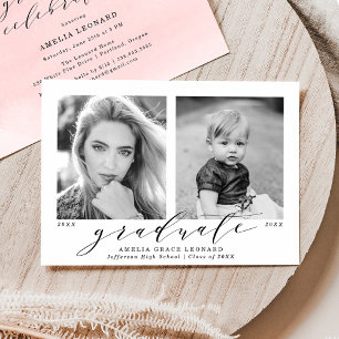 Pink Now and Then Photo Graduation Party Invitation