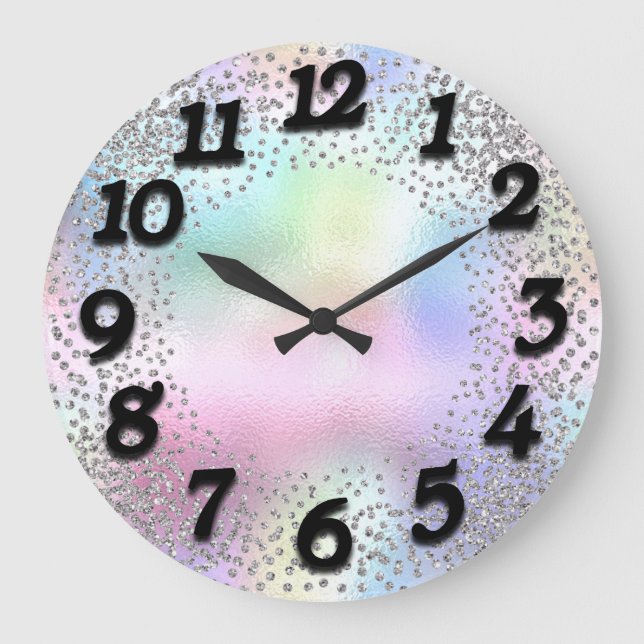Pink Numbers  Unicorn Glitter Holograph Black Large Clock (Front)