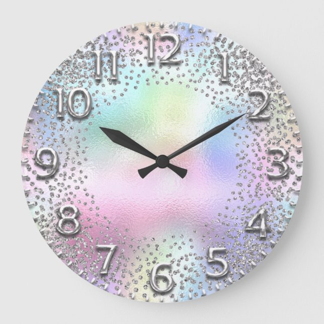 Pink Numbers  Unicorn Glitter Holograph Silver Large Clock (Front)