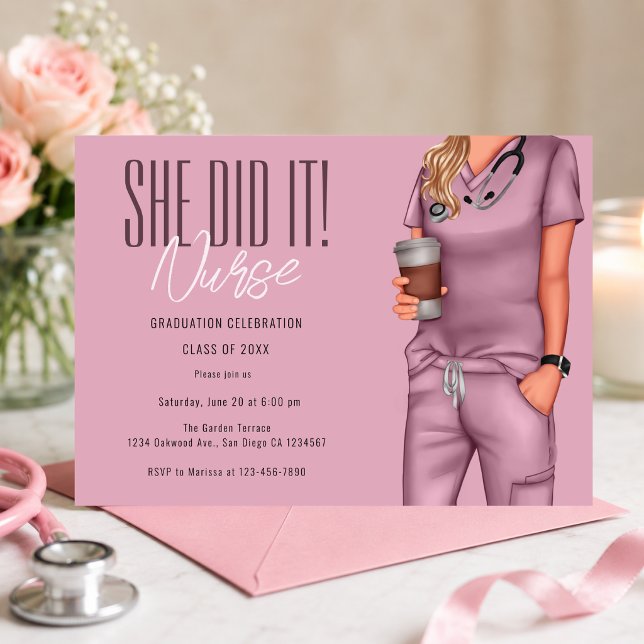 Pink Nurse Graduation Celebration Invite (Elegant pink nurse graduation invitation with a modern feminine editorial aesthetic )