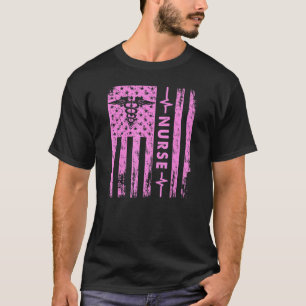 Pink Nurse Grunge Flag Patriotic Veteran Military T-Shirt