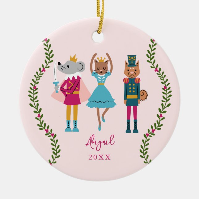Pink Nutcracker Ballet Animal Girls Ceramic Tree Decoration (Front)