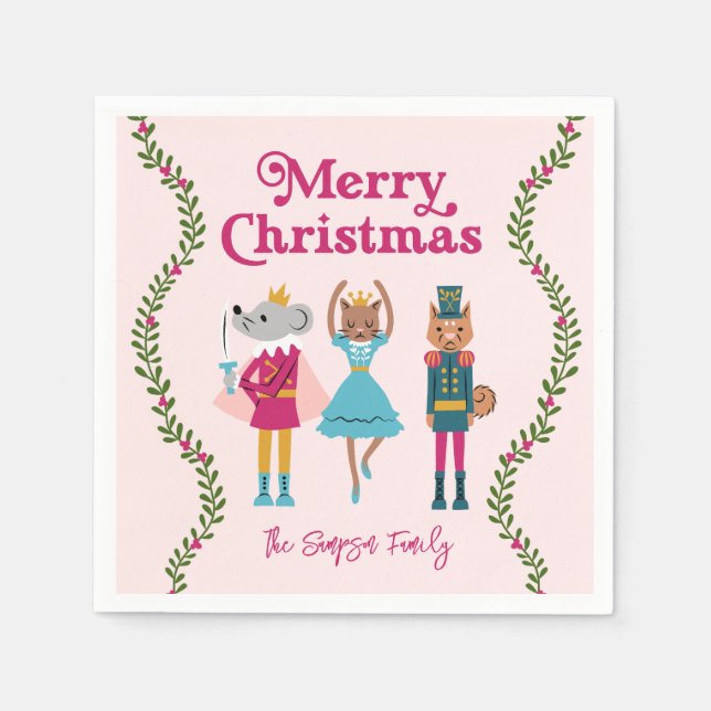 Pink Nutcracker Ballet Christmas Napkin (Front)