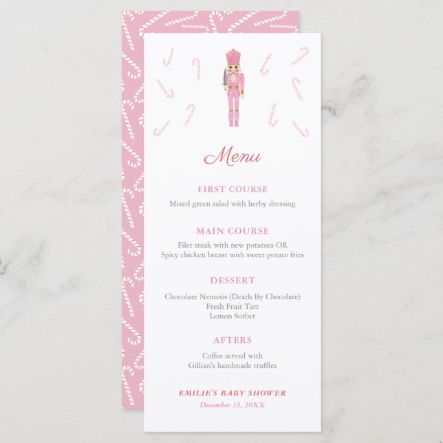 Pink Nutcracker Candy Canes Christmas Baby Shower Menu (Front/Back)