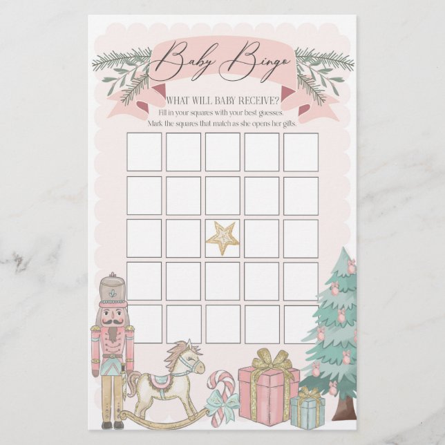 pink nutcracker christmas baby shower bingo game (Front)