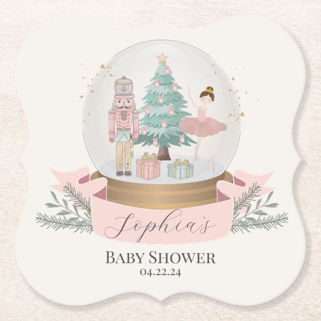 pink nutcracker christmas baby shower  paper coaster (Front)