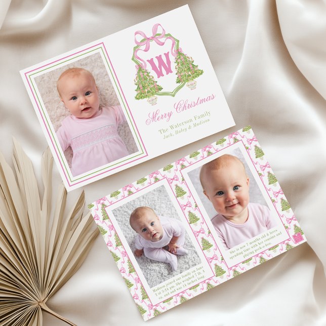 Pink Nutcracker Christmas Tree Monogram Crest Holiday Card (Creator Uploaded)