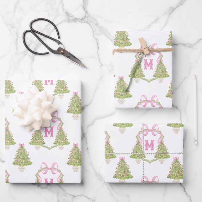 Pink Nutcracker Christmas Tree Monogram Crest Wrapping Paper Sheet (Front)