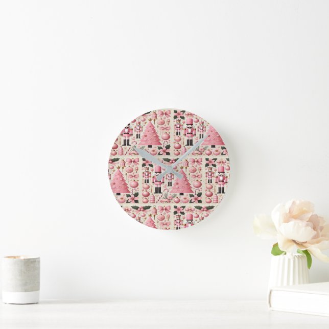 Pink Nutcracker Christmas Tree  Round Clock (Home)