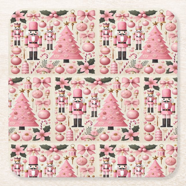 Pink Nutcracker Christmas Tree  Square Paper Coaster (Front)