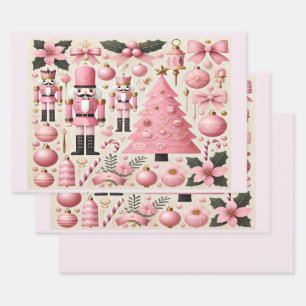 Pink Nutcracker Christmas Tree Wrapping Paper Sheet