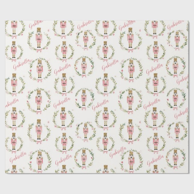 Pink Nutcracker Christmas Wreath Personalized Wrapping Paper (Flat)